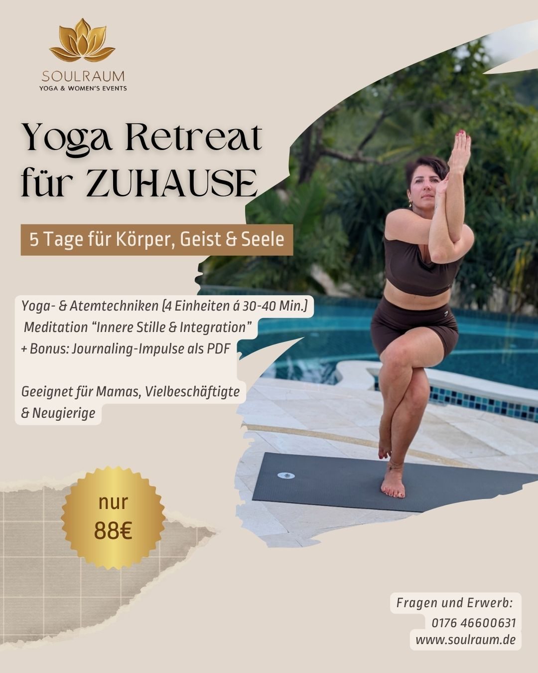 Creme Braun Organisch Einfach Foto Yoga Retreat Flyer A4 Dokument (Instagram-Post (45))